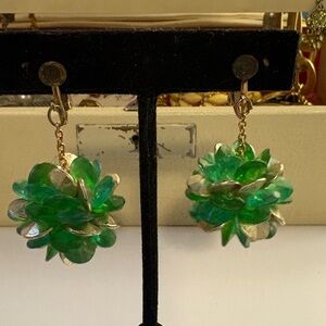 Green and Silver Floral Earrings-signed Hong Kong